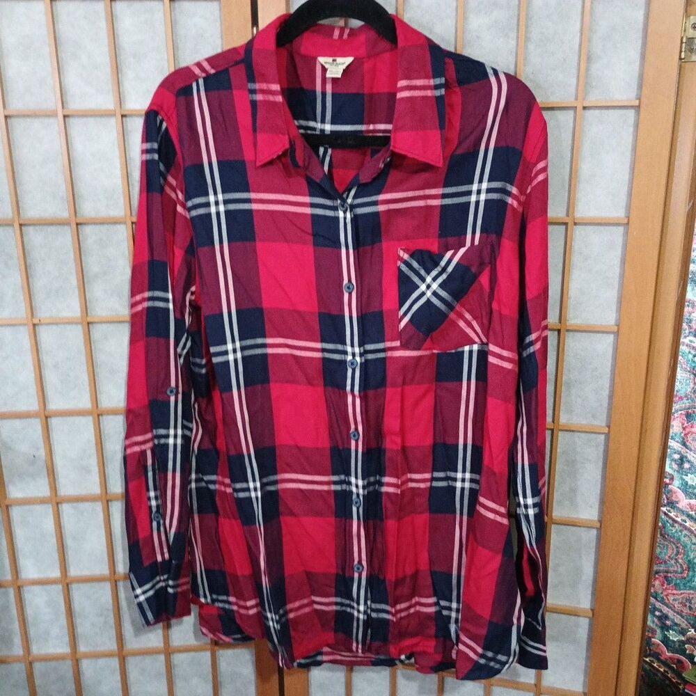 Woolrich Red Plaid Button Down Shirt XXL Womens Rayon Roll Tab Sleeve